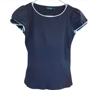 Ralph Lauren Vtg Ribbed Cap Ruffled Sleeve Navy Top Womens SZ M Casual Office